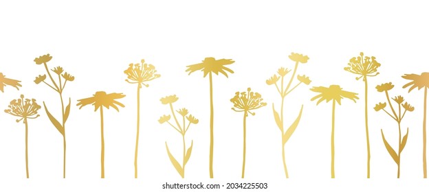 Floral Seamless Vector Border Metallic Gold Foil Effect. Horizontal Flower Banner Wild Grass Flowers Elegant Golden On White. Use For Card Decor, Birthday, Wedding, Footer, Ribbon, Fabric Trim, Decal.