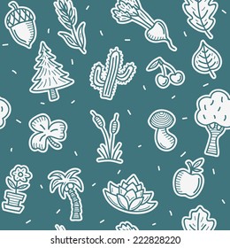 Floral seamless vector drawn pattern with trees, fruits, plants, leafs, mushrooms and palms