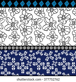 Floral seamless vector pattern. Australian aboriginal art motifs. Ethnic textile collection. Hand drawn prehistorical ornaments, fantasy flowers, geometric borders. Blue, black and white.