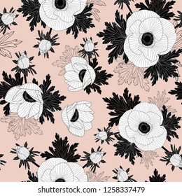 Floral seamless vector pattern with beautiful anemone flowers on pink background.