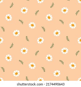 Floral seamless vector pattern with blooming daisies. Cartoon texture with vintage flowers. Scandinavian style background for wrapping paper, packaging, gift, fabric, wallpaper, textile, apparel.