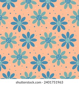 Floral seamless vector pattern with blue flowers on peach background. Great for fabric, fashion design, wallpaper, textile and other design projects.