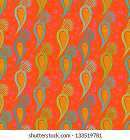 Floral seamless vector pattern with bold ornamental stylized paisley motifs and flowers.
