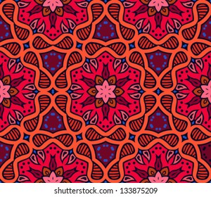 Floral seamless vector pattern with bold ornamental stylized leaves and flowers. Texture background for web, print, home decor, textile, wrapping paper, Indian,Arabic or Thai cuisine restaurants ads