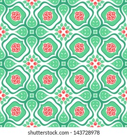Floral seamless vector pattern with bold ornamental stylized red roses and leaves. Texture background for web, print, home decor, textile, wrapping paper, Indian, Arabic, Mediterranean restaurants ads