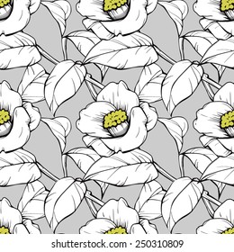 Floral seamless vector pattern with camellias on light background.