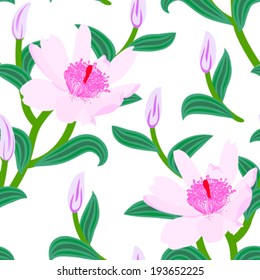 Floral seamless vector pattern with classic Chinese motifs and anemone flowers in soft pink color on white background