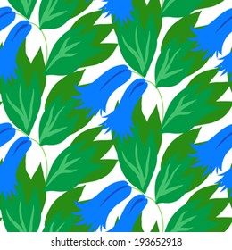 Floral seamless vector pattern with classic English motifs and bell flowers in bright blue and green colors on white background