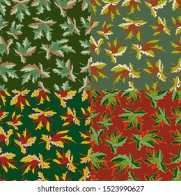 Floral seamless vector pattern of colorful leaves in four different color palettes, freehand drawing