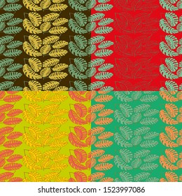 Floral seamless vector pattern of colorful leaves in four different color palettes, freehand drawing