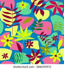 Floral seamless vector pattern with colorful flowers and leaves. Contrast trendy background and pattern for printing on fabrics. Hand drawn digital illustration