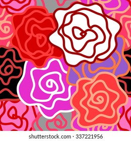 Floral seamless vector pattern. Colorful retro roses with bold contours. Art Nouveau style vintage textile collection. Pink, red, purple. Backgrounds & textures shop.