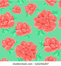 Floral seamless vector pattern with coral flowers and turquoise background