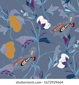 Floral seamless vector pattern. Cotton flowers, leaves, stems and petals on a grey blue background. Hand-drawn illustration.