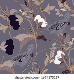 Floral seamless vector pattern. Cotton flowers, leaves, stems and petals on a lilac purple violet background. Hand-drawn illustration.