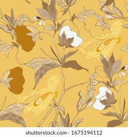 Floral seamless vector pattern. Cotton flowers, leaves, stems and petals on a ochre yellow background. Hand-drawn illustration.