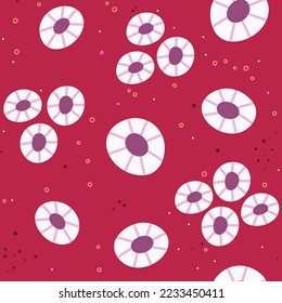 Floral seamless vector pattern with cute hand drawn daisy flowers. Fun design. Color trend 2023 Viva Magenta theme background for packaging, wrapping paper, wallpaper, textile, gift, fabric, apparel.