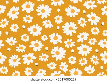 padrão de vetor floral sem emenda com margaridas em estilo de desenho à mão simples. Paleta brilhante, fundo laranja ensolarado. Ideal para impressão de têxteis infantis, roupas, embalagens