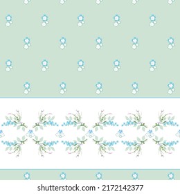 Floral seamless vector pattern. Delicate of small flowers on a light green background with border tape for the design of home textiles, wallpaper, wrapping paper.