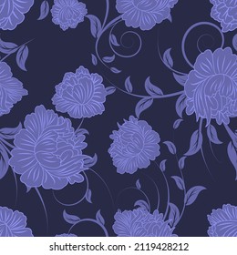 Patrón vectorial sin fisuras florales.  Elegante diseño de color muy peri, color moderno de 2022 años. Floral y giratorio.  Ideal para impresiones textiles y papel pintado.