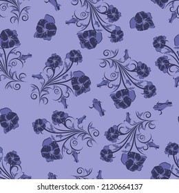 Floral seamless vector pattern.  Elegant design in Very Peri color, modern color of 2022 year. Floral and swirl element.  Ideal for textile print and wallpapers.