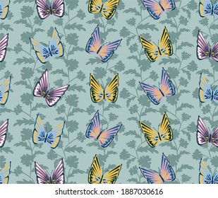 Blumennahtlose Vektormuster mit Blumen und Schmetterlingen.
Botanischer Hintergrund und Tapete. Natürliches Wiederholungsmuster