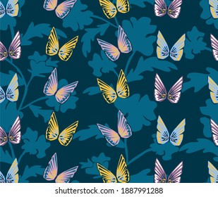 Floral seamless vector pattern with flowers and butterflies.
Botanical background and wallpaper. Natural repeating pattern