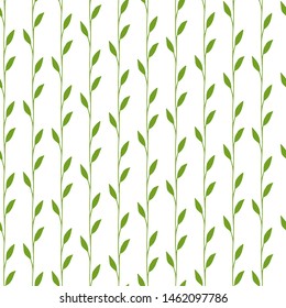 Floral seamless vector pattern with green leaves and brunches on white background. Hand drawn illustration with abstract plants. Texture design for surface, fabric, textile. Endless texture.