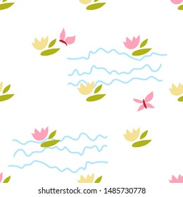 Floral seamless vector pattern. Green, pink, blue, yellow and white colors.