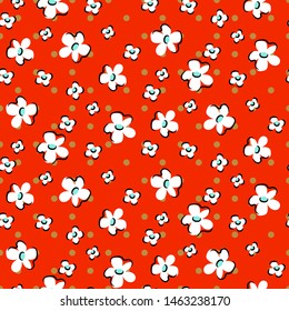 Floral seamless vector pattern. Hand drawn sketched flowers retro dotted texture. Flower pattern red and white colors.