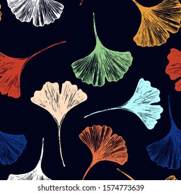 Floral seamless vector pattern with hand drawn Japanese ginkgo biloba leaves. Bright colourful leaf on dark blue background for fabric print, wallpaper, medical design 