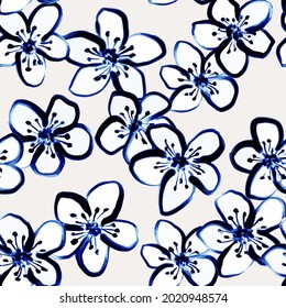 Floral seamless vector pattern with hand drawn flowers of cherry blossom. Bold brush strokes style.