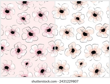 Floral Seamless Vector Pattern. Hand Drawn Ink and Watercolor Flowers on a White and Pink Background. Repeatable Design with Tiny Infantile Drawing-like Apple Blossom. Trendy Blooming Garden Print.