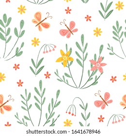 Floral Seamless Vector Pattern For Kids. Flowers And Butterfly. Hand Drawn Cartoon Baby Illustration. Meadow Flowers And Plants. Childish Background. Endless Wallpaper. Pastel Colors. Fabric Print