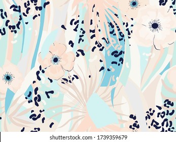 Floral seamless vector pattern with leopard print. Modern trendy style. Pastel colors. Fashionable template for design.