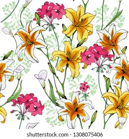 Floral seamless vector pattern. Lilies, geraniums, Calla lilies hand-drawing.
