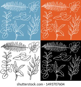 Floral seamless vector pattern. Line art. Black, white, blue and orange colors.