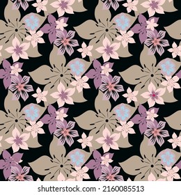 Floral seamless vector pattern multicolored bright flowers on a black background for fabric design, shawls.