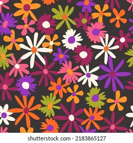 Floral seamless vector pattern. Nostalgic retro 60s-70s groovy print. Vintage floral background. Textile and surface design with old fashioned hand drawn naive colorful flowers