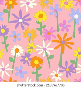 Floral seamless vector pattern. Nostalgic retro 60s-70s groovy print. Vintage floral background. Textile and surface design with old fashioned hand drawn naive colorful flowers