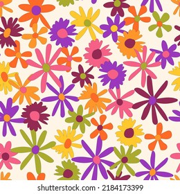 Floral seamless vector pattern. Nostalgic retro 60s-70s groovy print. Vintage floral background. Textile and surface design with old fashioned hand drawn naive colorful flowers