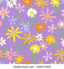 Floral seamless vector pattern. Nostalgic retro 60s-70s groovy print. Vintage floral background. Textile and surface design with old fashioned hand drawn naive colorful flowers