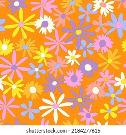 Floral seamless vector pattern. Nostalgic retro 60s-70s groovy print. Vintage floral background. Textile and surface design with old fashioned hand drawn naive colorful flowers