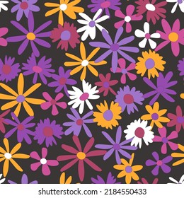 Floral seamless vector pattern. Nostalgic retro 60s-70s groovy print. Vintage floral background. Textile and surface design with old fashioned hand drawn naive colorful flowers