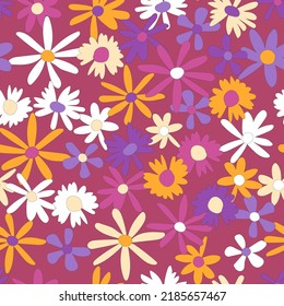 Patrón vectorial sin fisuras florales. Impresión nostálgica retro de 60-70. Fondo floral vintage. Diseño textil y de superficie con flores coloreadas a la antigua mano dibujadas a mano