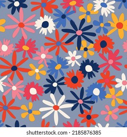 Floral seamless vector pattern. Nostalgic retro 60s-70s groovy print. Vintage floral background. Textile and surface design with old fashioned hand drawn naive colorful flowers
