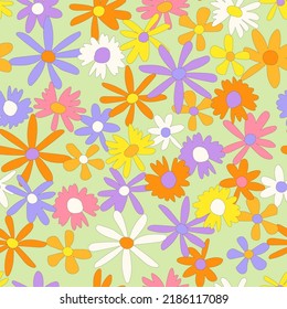 Floral seamless vector pattern. Nostalgic retro 60s-70s groovy print. Vintage floral background. Textile and surface design with old fashioned hand drawn naive colorful flowers