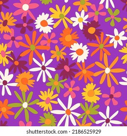 Floral seamless vector pattern. Nostalgic retro 60s-70s groovy print. Vintage floral background. Textile and surface design with old fashioned hand drawn naive colorful flowers