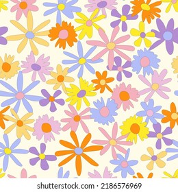 Floral seamless vector pattern. Nostalgic retro 60s-70s groovy print. Vintage floral background. Textile and surface design with old fashioned hand drawn naive colorful flowers
