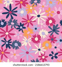Floral seamless vector pattern. Nostalgic retro 60s-70s groovy print. Vintage floral background. Textile and surface design with old fashioned hand drawn naive colorful flowers